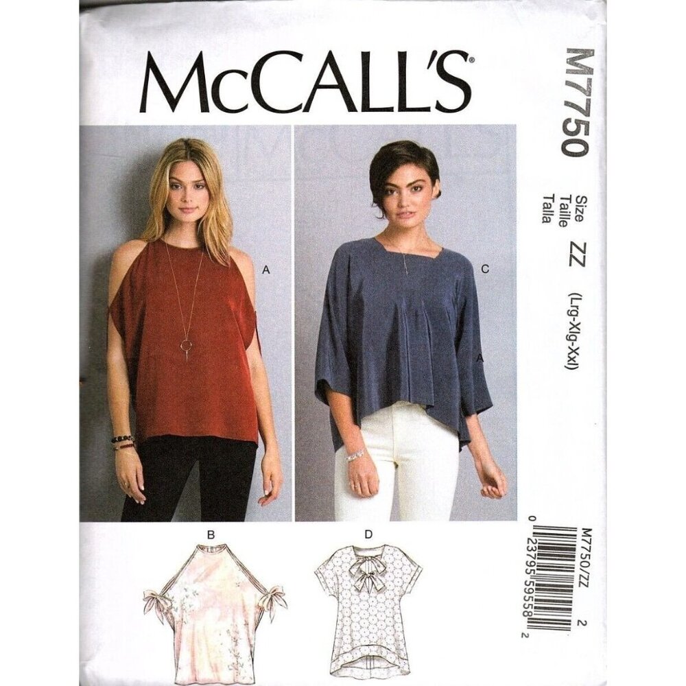 McCalls M7750 Misses L to XXL Casual Loose Fitting Tops Uncut Sewing Pattern